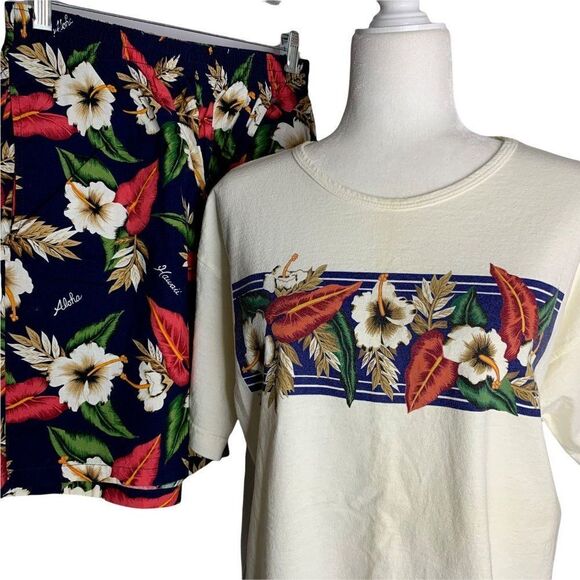 Vintage Hawaiian T Shirt Shorts Set XL Cream Floral Short Sleeve Aloha Tiki Time - Picture 1 of 9